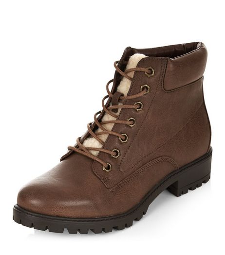Brown Faux Fur Shearling Tongue Lace Up Boots | New Look