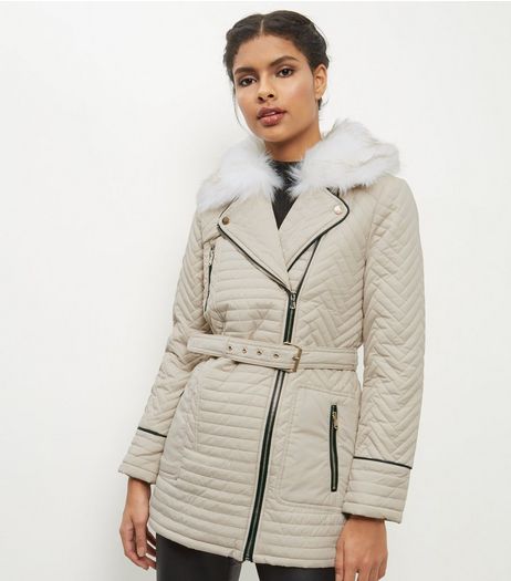 Stone Faux Fur Trim Quilted Biker Jacket | New Look