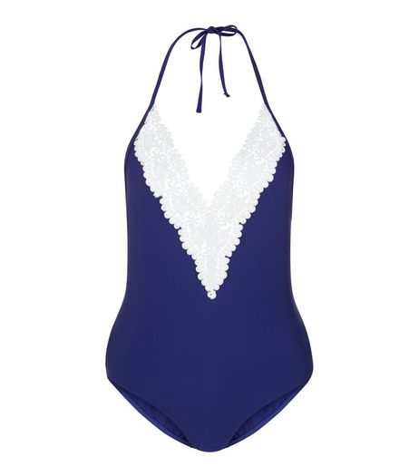 Blue Crochet Trim Plunge Swimsuit | New Look