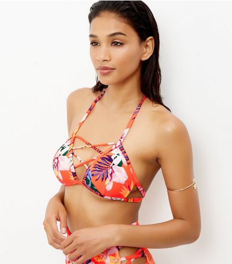 Orange Floral Print Cross Front Bikini Top | New Look