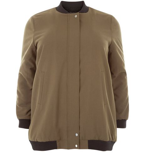 Curves Khaki Borg Lined Longline Bomber Jacket | New Look