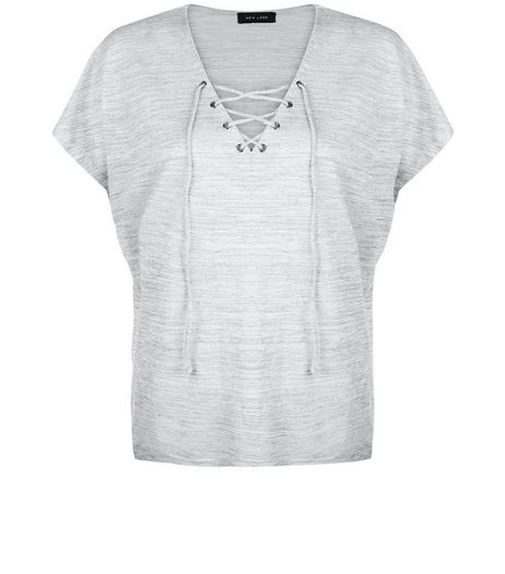 Pale Grey Fine Knit Lace Up Top | New Look