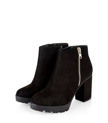 wide fit black suedette lace up block heel boots
