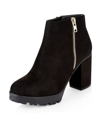 wide fit black suedette lace up block heel boots