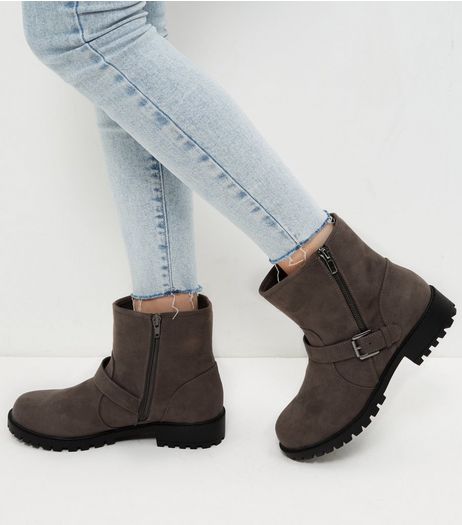 Wide Fit Grey Suedette Buckle Strap Biker Boots | New Look