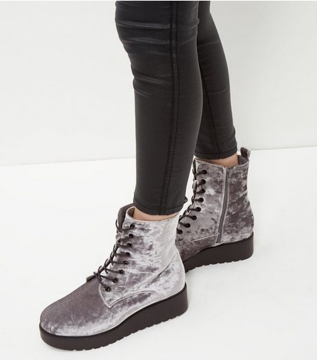 Wide Fit Grey Lace Up Flatform Boots | New Look