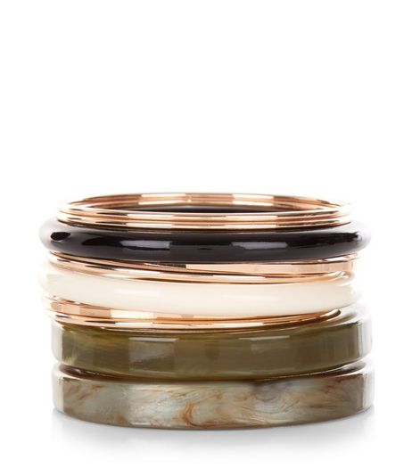 10 Pack Green and Gold Bangles | New Look