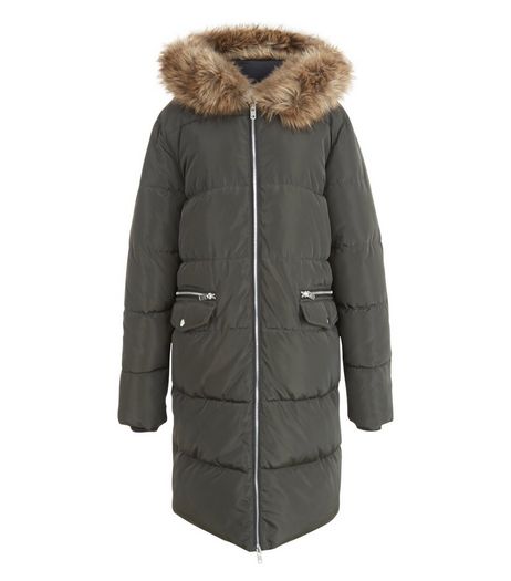 Teens Khaki Faux Fur Hooded Longline Coat | New Look