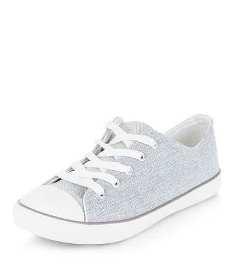 Wide Fit Grey Textured Lace Up Plimsolls | New Look