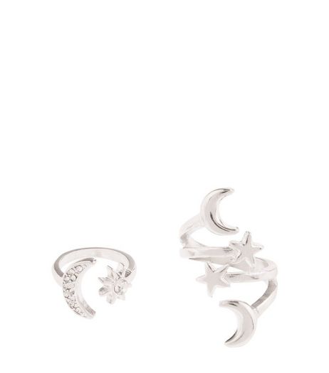 2 Pack Silver Diamante Moon Star Rings | New Look
