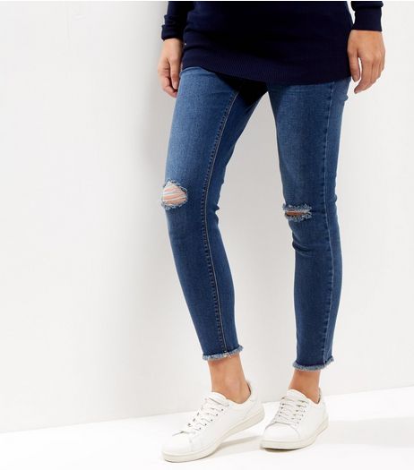 Maternity Blue Over Bump Authentic Ripped Knee Jeans | New Look