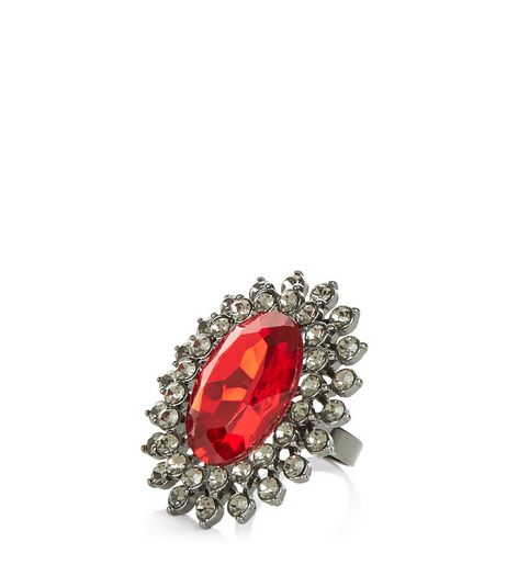Red Stone Diamante Oversized Ring | New Look