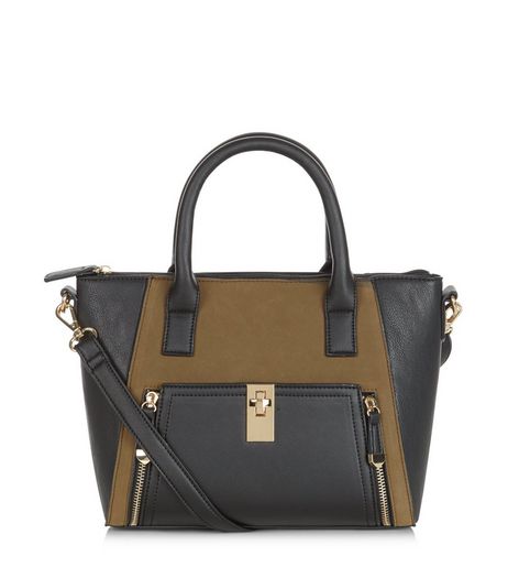 Khaki Colour Block Zip Pocket Structured Bag | New Look