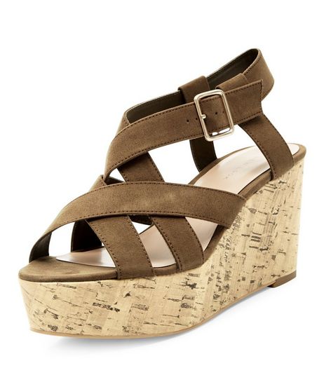 Khaki Suedette Cross Strap Cork Platform Wedge Sandals | New Look
