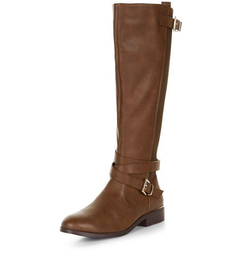 Tan Leather-Look Elasticated Panel Riding Boots | New Look