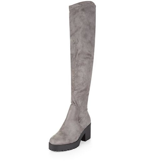 Wide Fit Grey Suedette Block Heel Over The Knee Boots | New Look