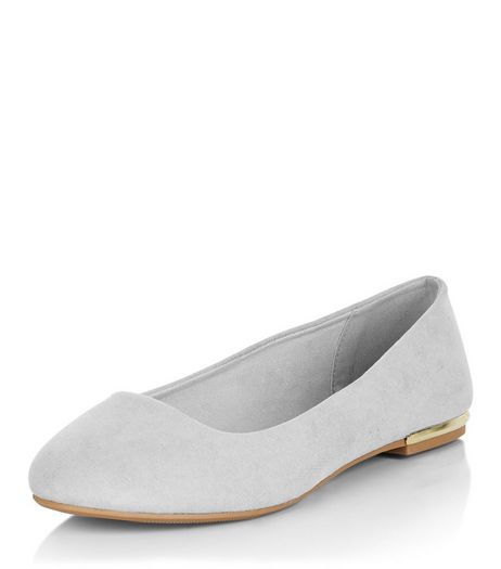 Wide Fit Grey Suedette Metal Trim Ballet Pumps | New Look