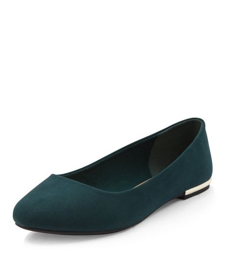 Wide Fit Dark Green Suedette Metal Trim Ballet Pumps | New Look