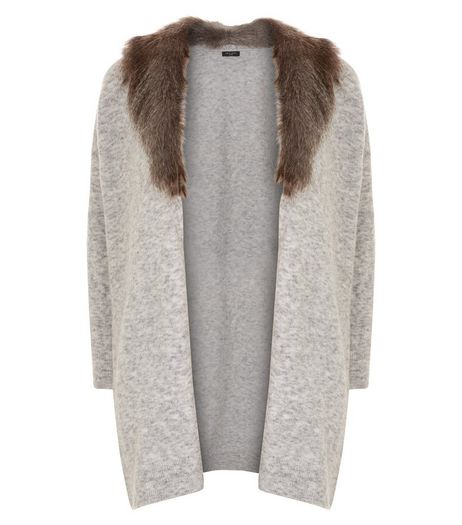 Curves Grey Faux Fur Collar Longline Cardigan | New Look