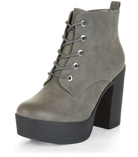 Wide Fit Grey Suedette Lace Up Block Heel Boots | New Look