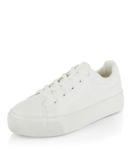 White Leather-Look Lace Up Plimsolls | New Look