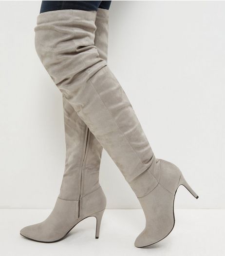 Grey Suedette Ruched Pointed Over The Knee Boots | New Look