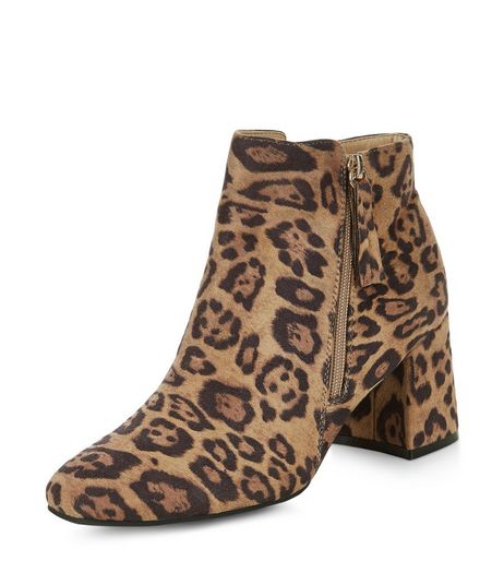 Stone Leopard Print Suedette Flared Heel Ankle Boots | New Look