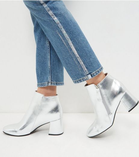 Silver Metallic Flared Heel Ankle Boots | New Look