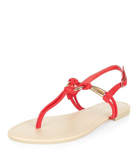 Red Metal Trim T-Bar Strap Sandals | New Look