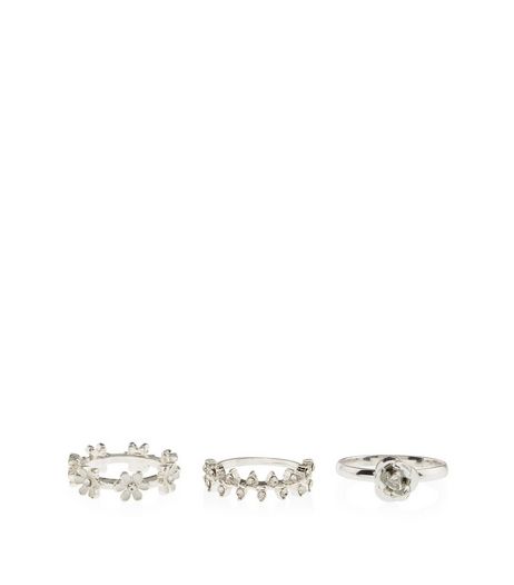 3 Pack Silver Flower Rings | New Look