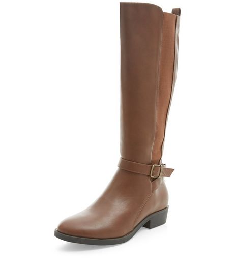 Tan Strap Front Elasticated Panel Knee High Boots | New Look