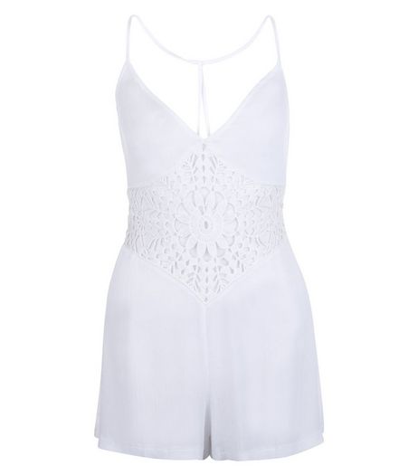 White Crochet Panel V Neck Playsuit | New Look