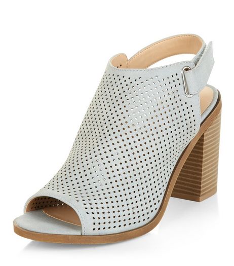 Wide Fit Grey Laser Cut Out Sling Back Block Heels | New Look