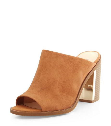 Wide Fit Tan Metal Trim Leather-Look Mules | New Look