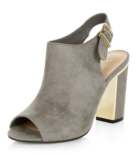 Wide Fit Grey Suedette Metal Trim Block Heels | New Look
