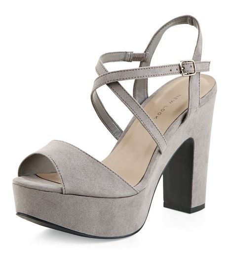 Wide Fit Grey Suedette Cross Strap Block Heels | New Look