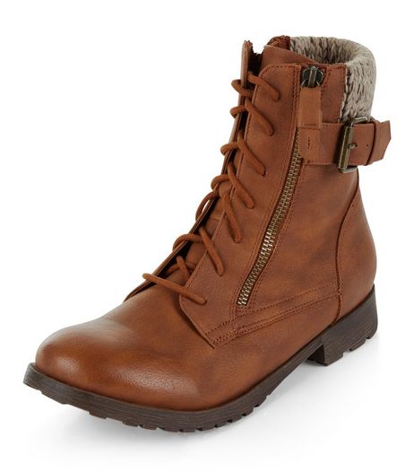 Tan Knitted Cuff Lace Up Boots | New Look