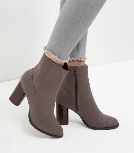 Grey Suedette Cylindrical Heel Ankle Boots | New Look