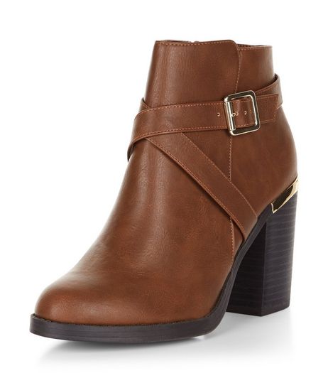 Tan Cross Strap Block Heel Ankle Boots | New Look