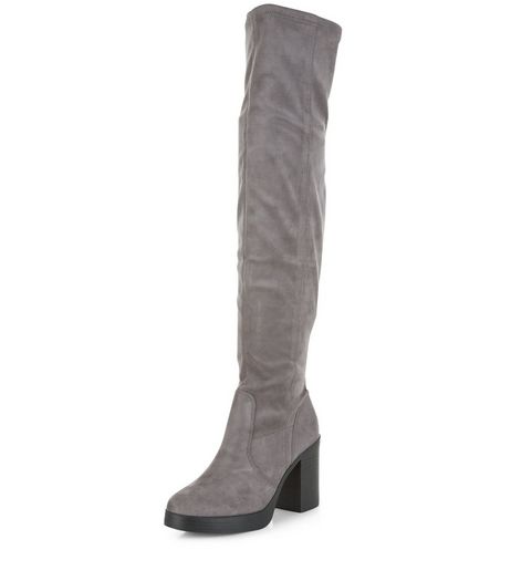 Grey Suedette Block Heel Over The Knee Boots | New Look