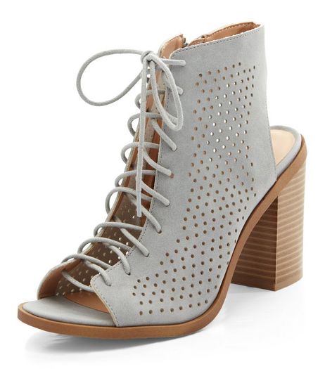 Grey Suedette Laser Cut Out Ghillie Block Heels | New Look