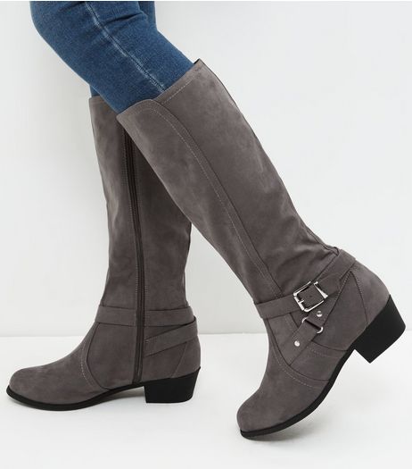 Wide Fit Grey Suedette Knee High Boots | New Look