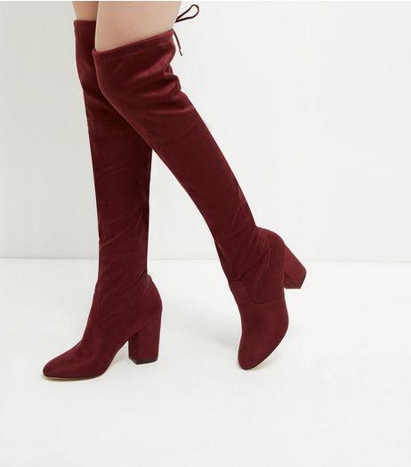 Red Suedette Tie Back Over The Knee Boots | New Look