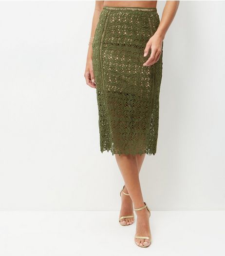 Khaki Premium Lace Ladder Pencil Skirt | New Look
