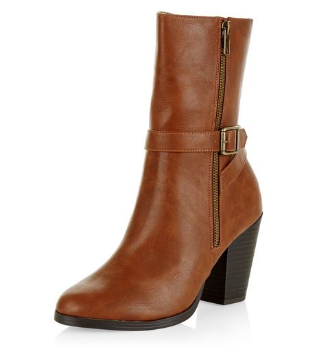 Tan Buckle Strap Block Heel Calf Boots | New Look