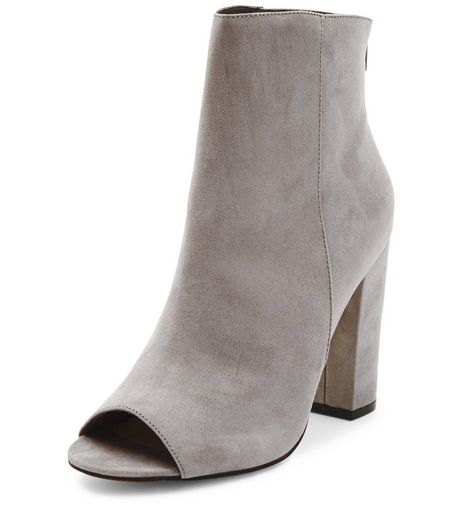 Grey Suedette Peep Toe Block Heel Boots | New Look