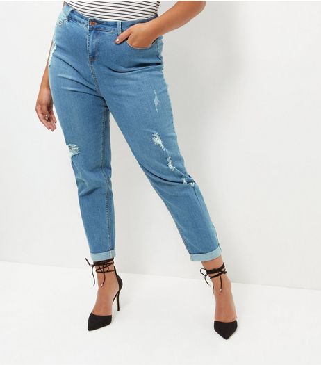 Curves Blue Ripped Turn Up Hem Boyfriend Jeans | New Look