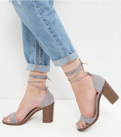 Grey Leather Lace Up Block Heel Sandals | New Look