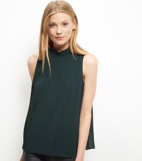 Dark Green Pleated Funnel Neck Sleeveless Top | New Look