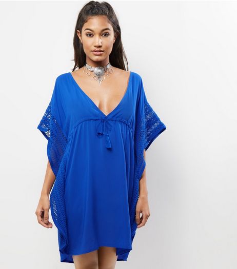 Blue Lace Trim Plunge V Neck Kaftan | New Look